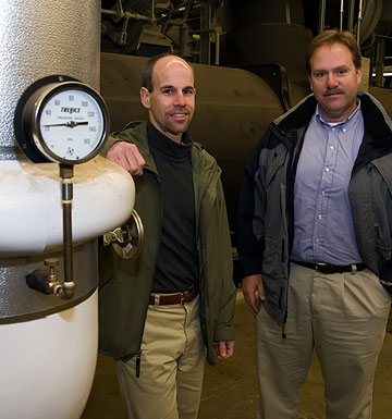 Utilities Associate Director Chris Cioni, left, and Project Manager Scott Arntzen made quick work of an upgrade to the campus’s cooling system. New, energy-saving chillers earned a $1.25 million PG&E rebate.