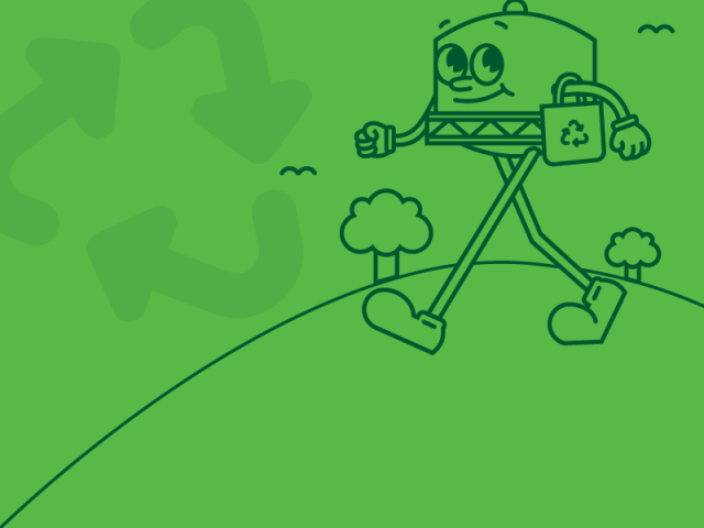 Illustration of smiling water tower character walking and a faint recycling symbol in the background.